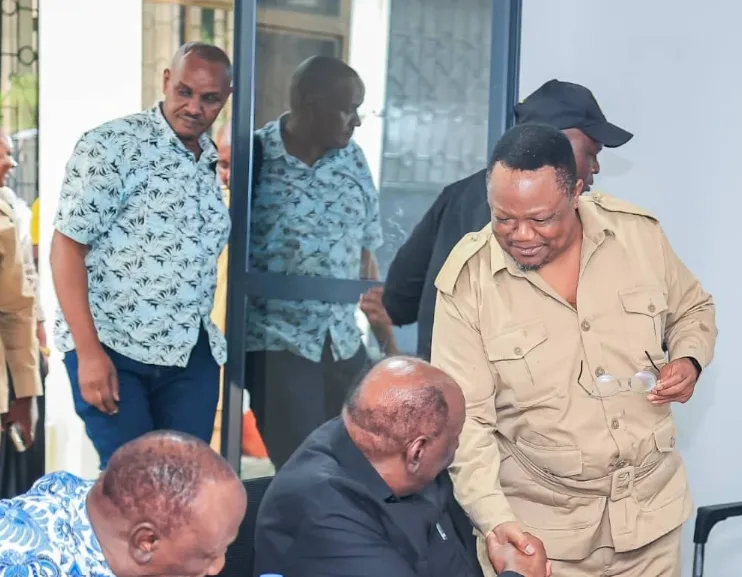 Mwenyekiti wa Chadema, Tundu Lissu akisalimiana na Stephen Wasira, Makamu Mwenyekiti wa CCM.